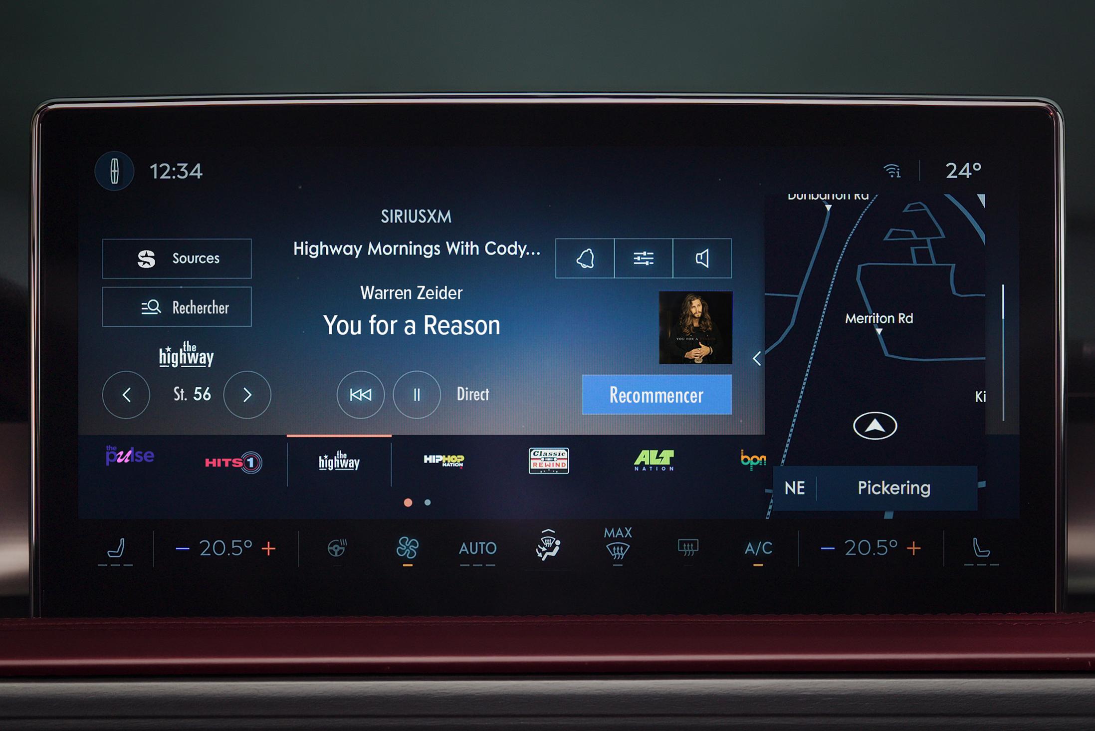L’application SiriusXM Radio est affichée sur l’écran tactile d’un véhicule Lincoln.
