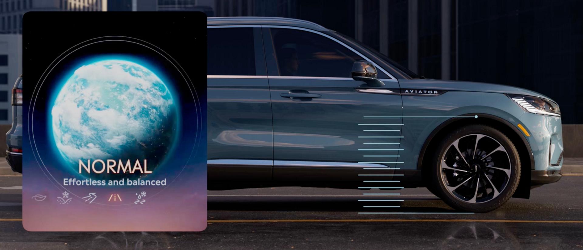 Les repères visuels sont simulés pour montrer comment la suspension d’un Lincoln Aviator® 2027 peut se relever et s’abaisser