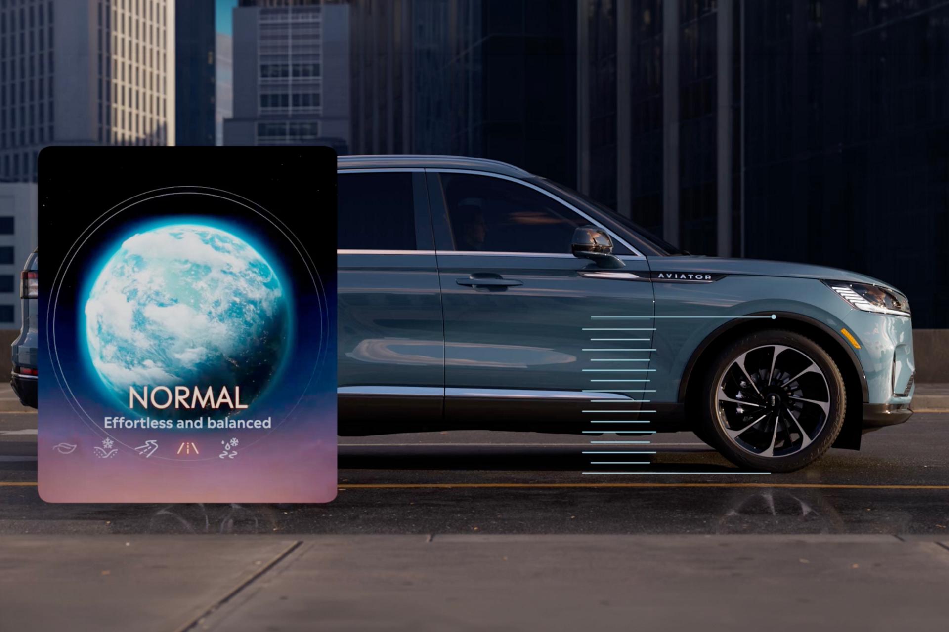 Les repères visuels sont simulés pour montrer comment la suspension d’un Lincoln Aviator® 2027 peut se relever et s’abaisser